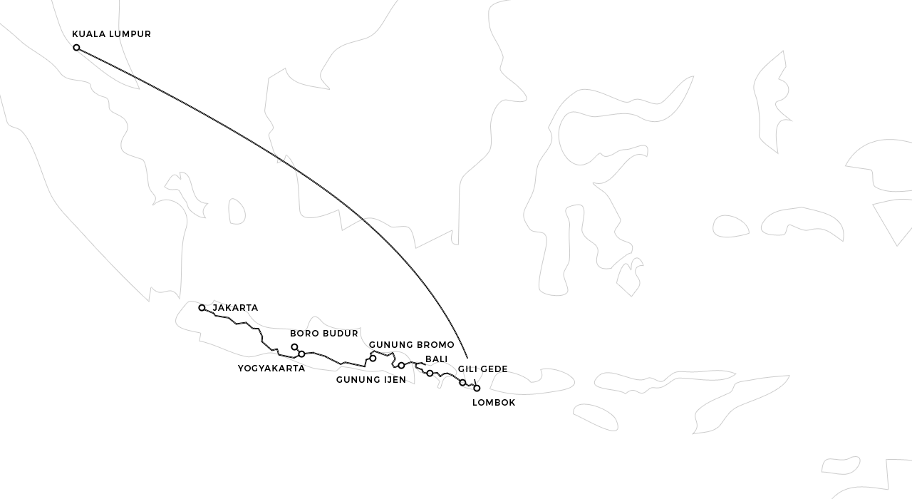 World map showing the route of singer and songwriter Phil's travels through Indonesia